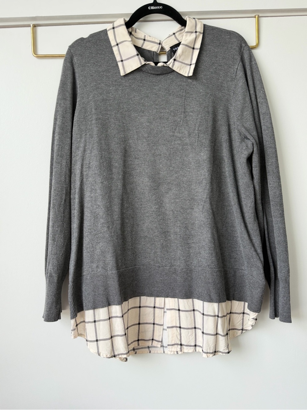 Torrid Gray Sweater Top with Cream Plaid Collar